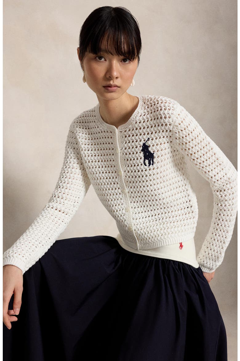 Big Pony Cotton Cardigan, Alternate, color, WHITE