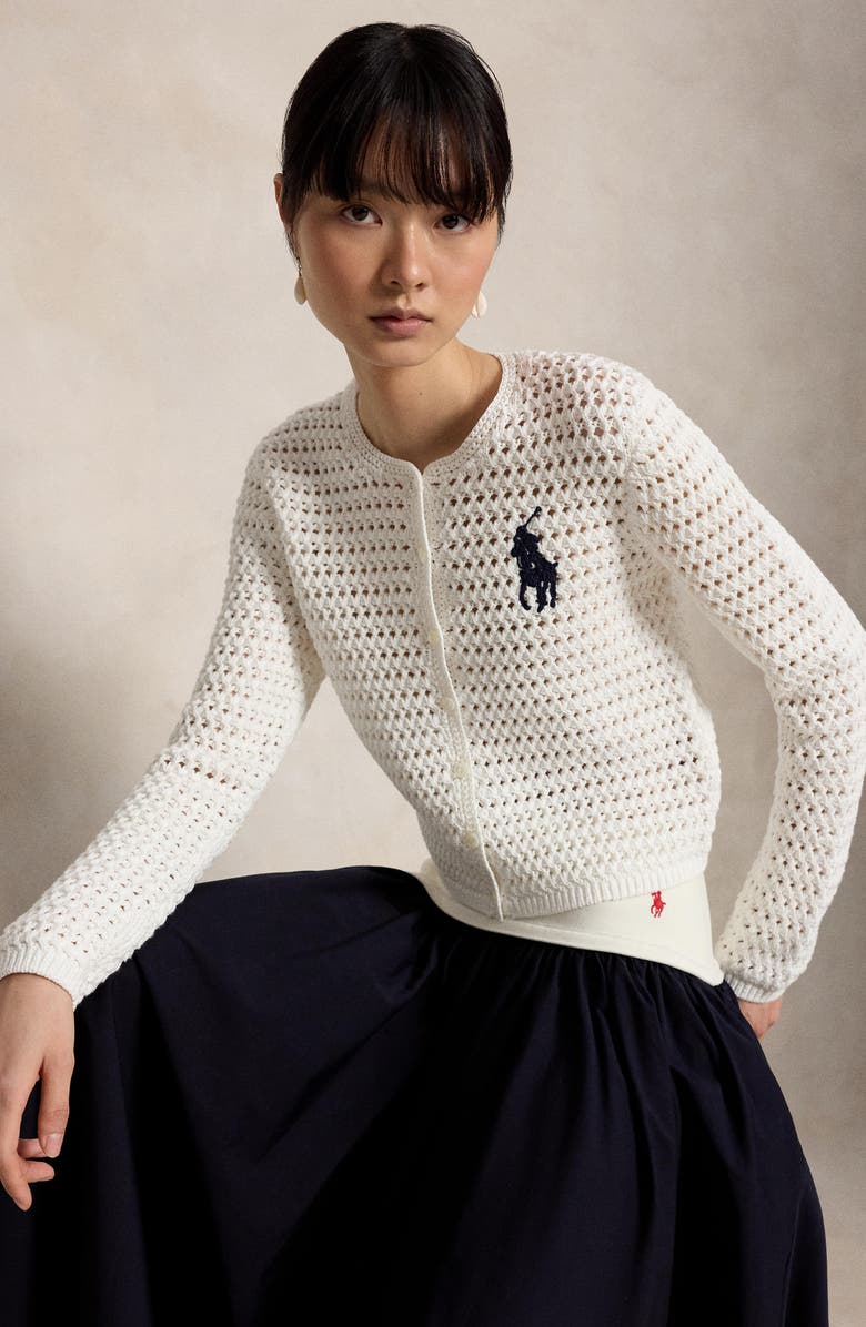 Polo Ralph Lauren Big Pony Button-Up Cotton Crochet Crop Cardigan, Alternate, color, White