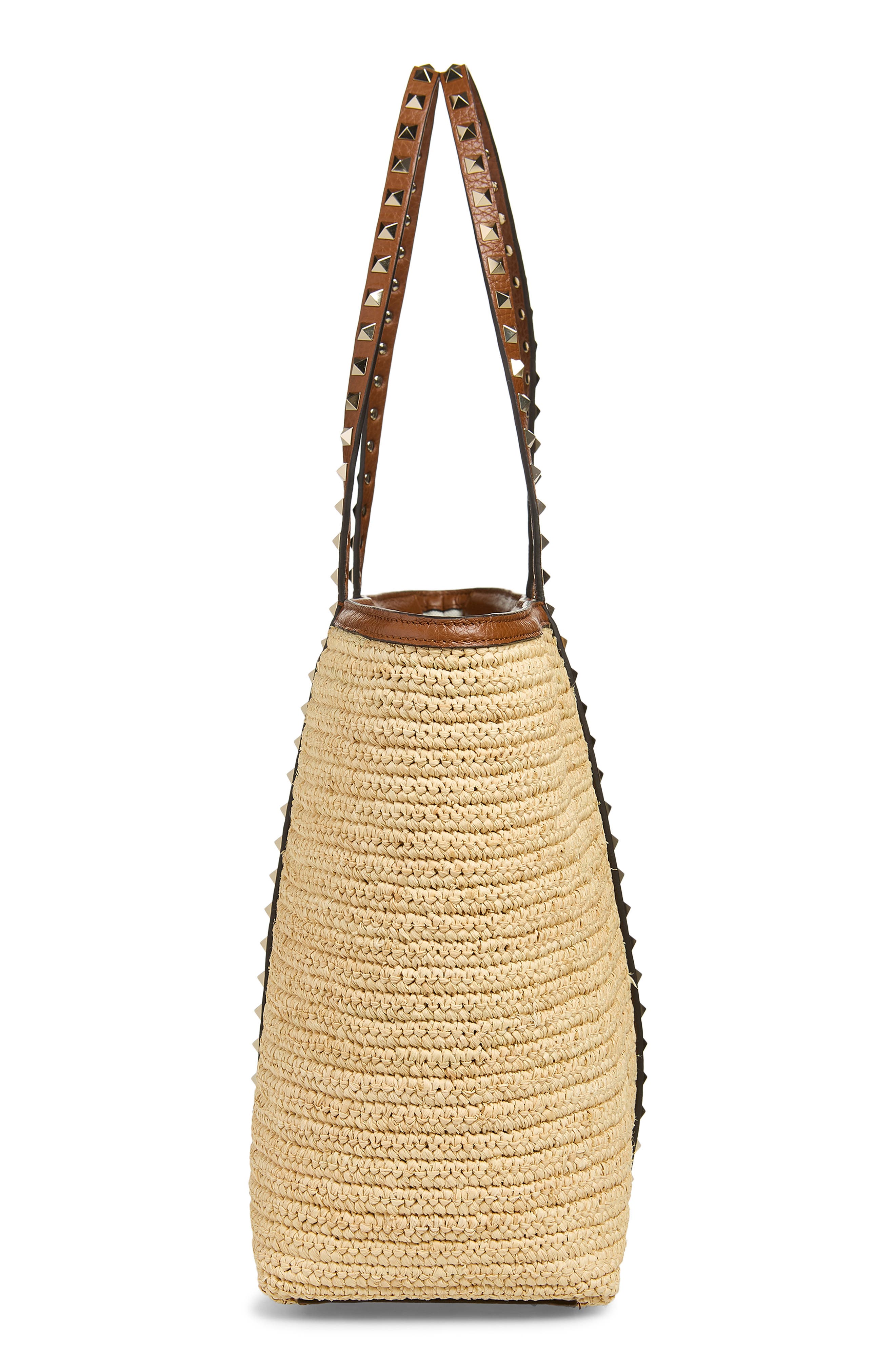 Valentino Garavani Rockstud Crochet Raffia Tote, Alternate, color, Natural