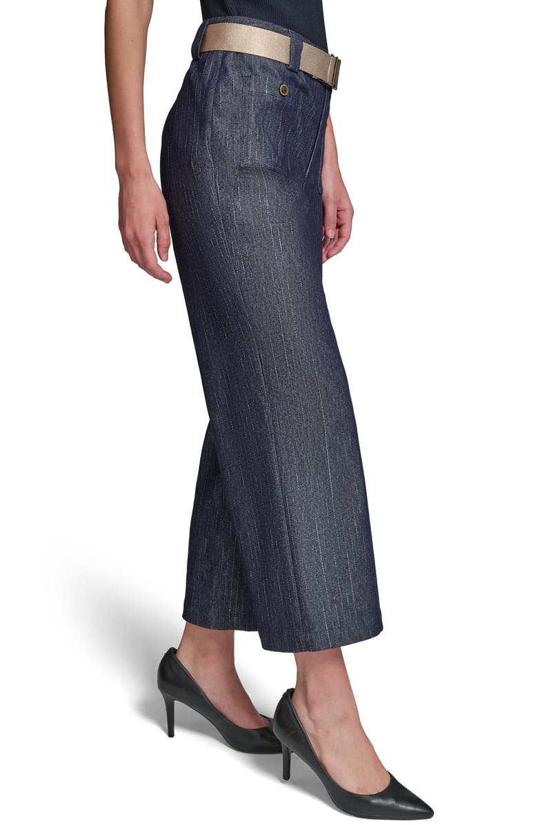 KARL LAGERFELD PARIS Belted Pinstripe Crop Denim Pants, Alternate, color, Dark Wash