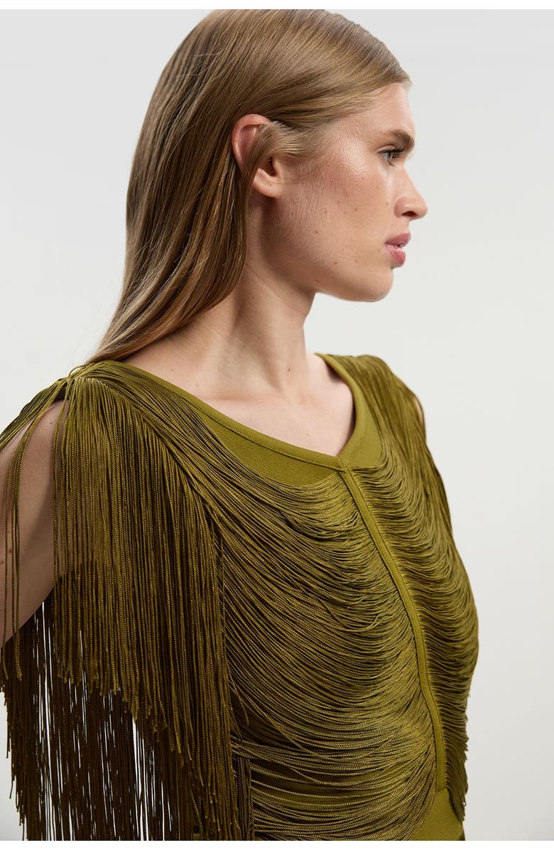 Karen Millen Draped Fringe Knitted Top, Alternate, color, Olive