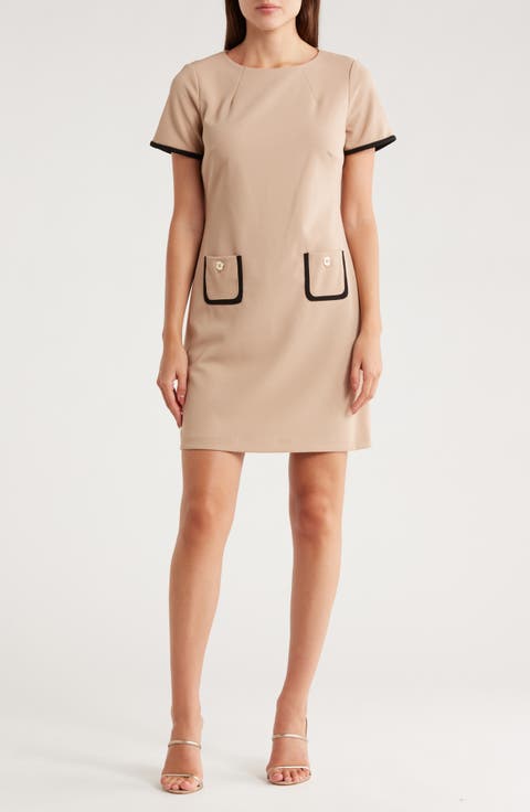 Short Sleeve Scuba Crepe Contrast Trim Dress