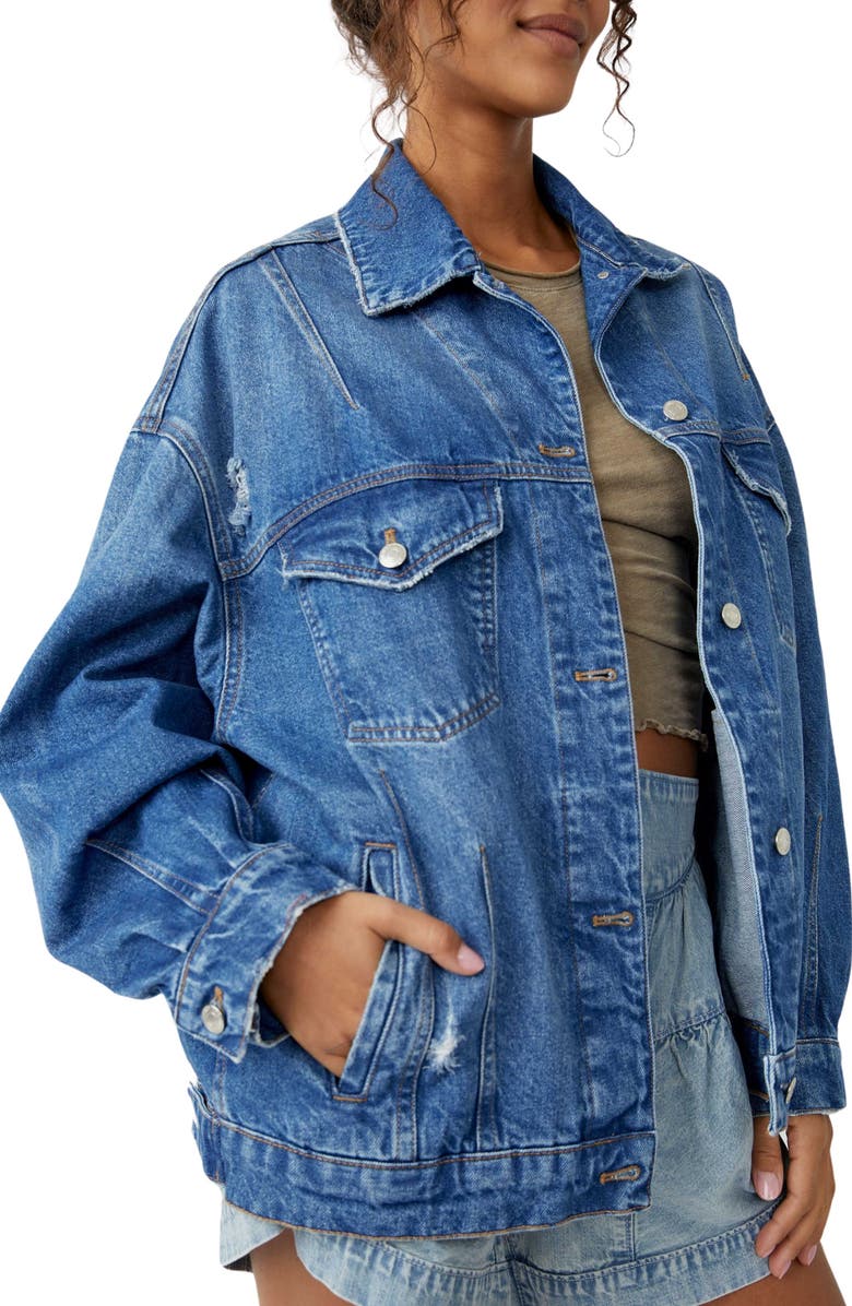 Free People All In Oversize Distressed Denim Trucker Jacket, Alternate, color,