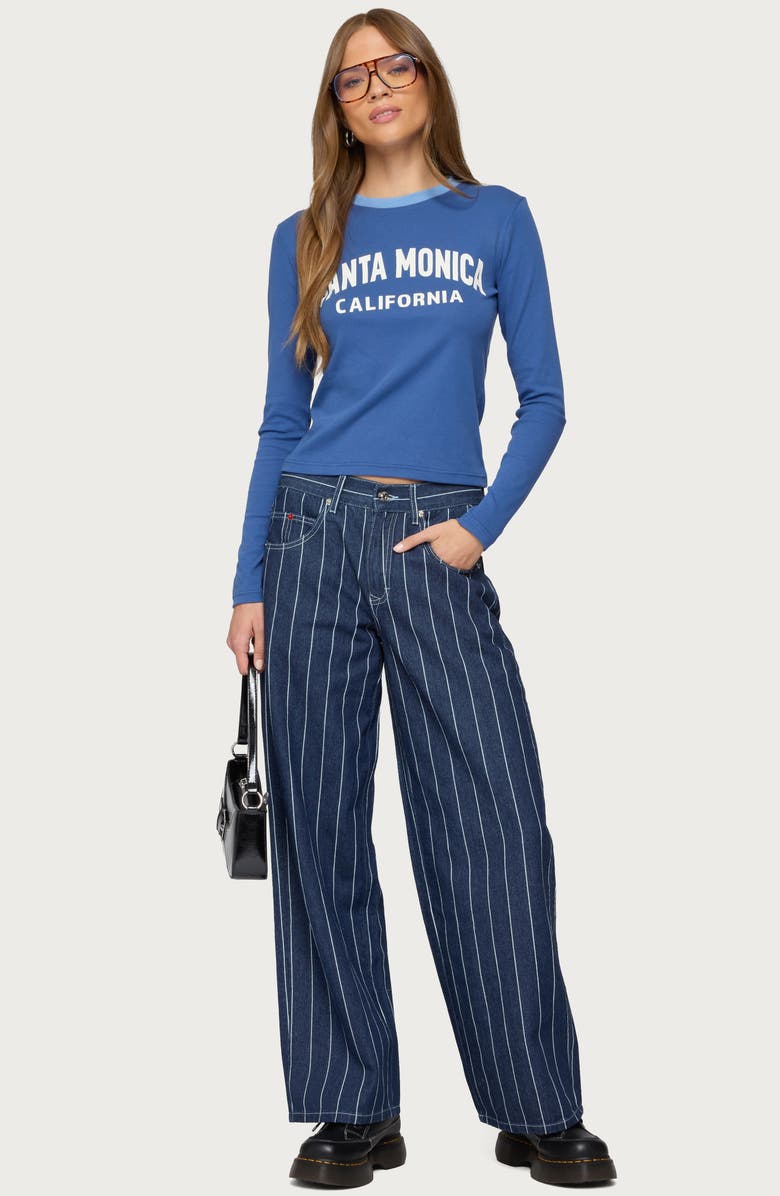 EDIKTED Santa Monica Long Sleeve Stretch Cotton Graphic T-Shirt, Alternate, color, Blue