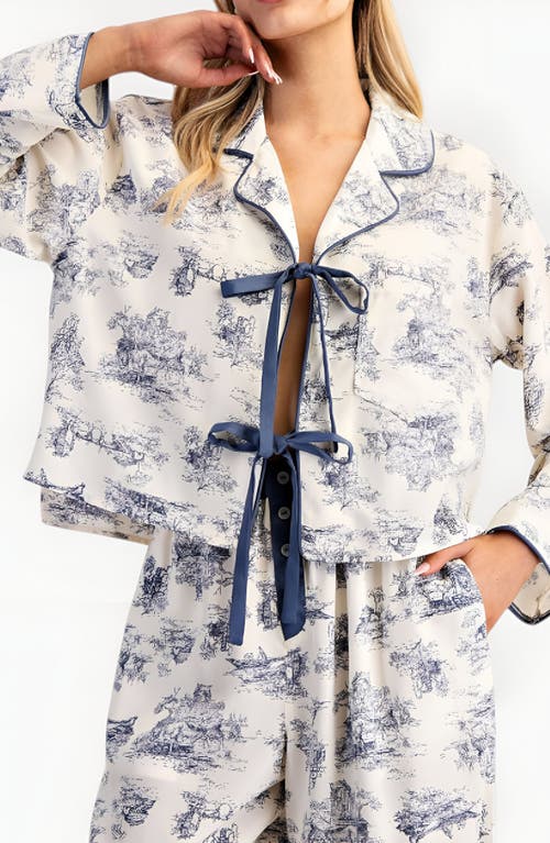 Modenaire Printed Button-up Pajama Set With Contrast Trim And Ribbon Tie In White