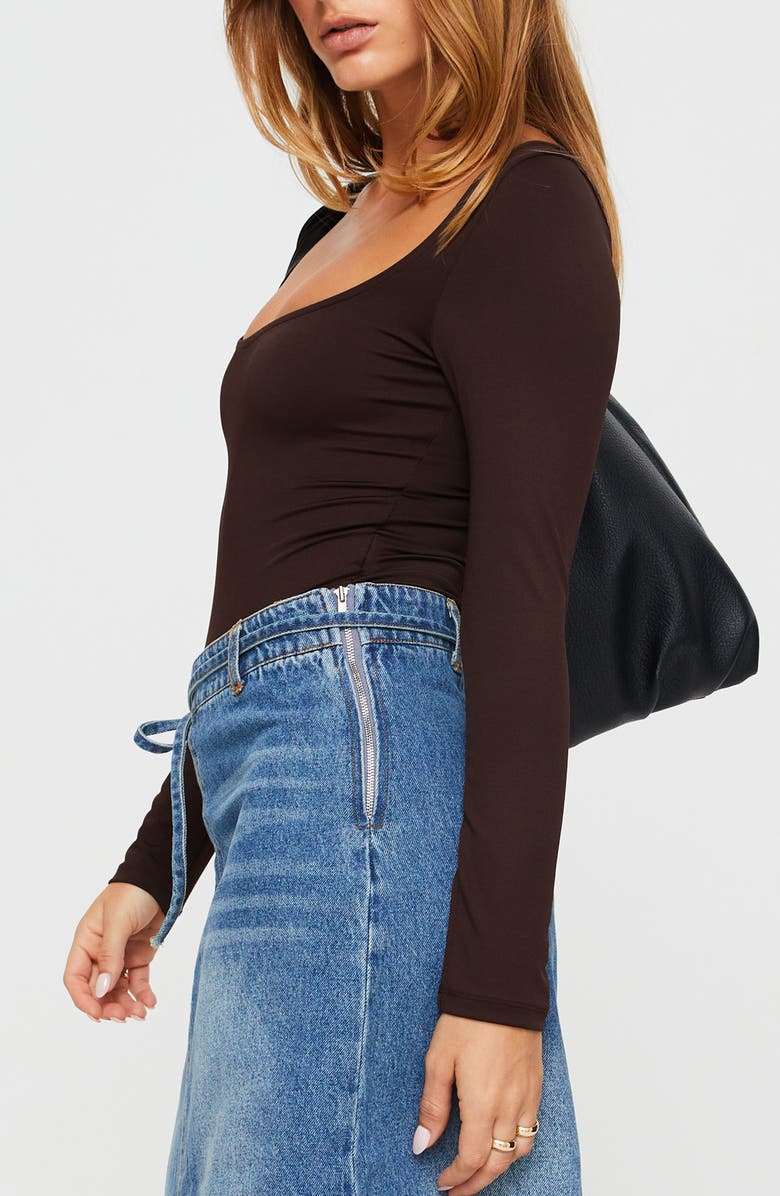 Princess Polly Ellery Wide Scoop Neck Long Sleeve Bodysuit, Alternate, color, Brown