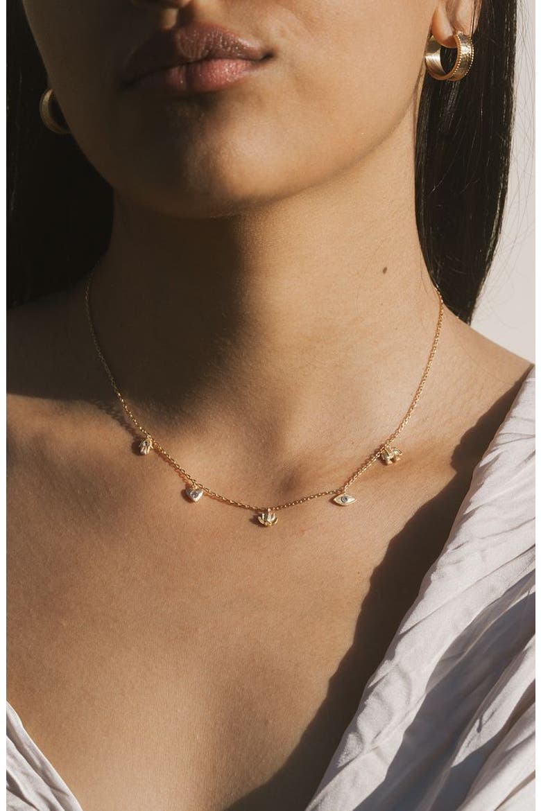 Sacred Symbols White Topaz Charm Choker Necklace, Alternate, color, Gold