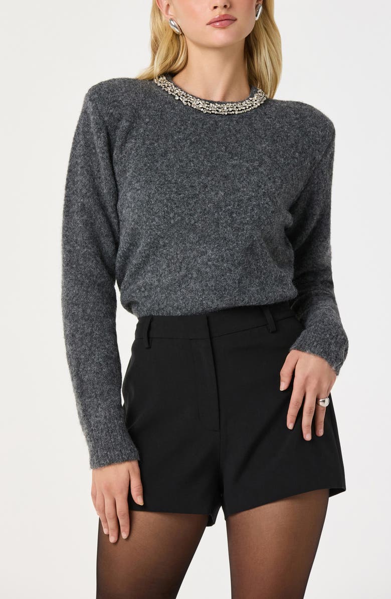 ASTR the Label Embellished Collar Crewneck Sweater, Alternate, color, Charcoal Grey