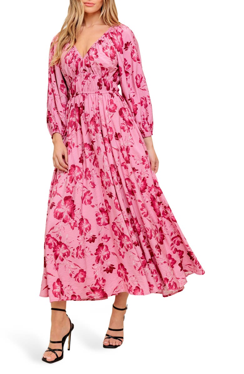 FLYING TOMATO Floral Long Sleeve Midi Dress, Alternate, color, Mauve