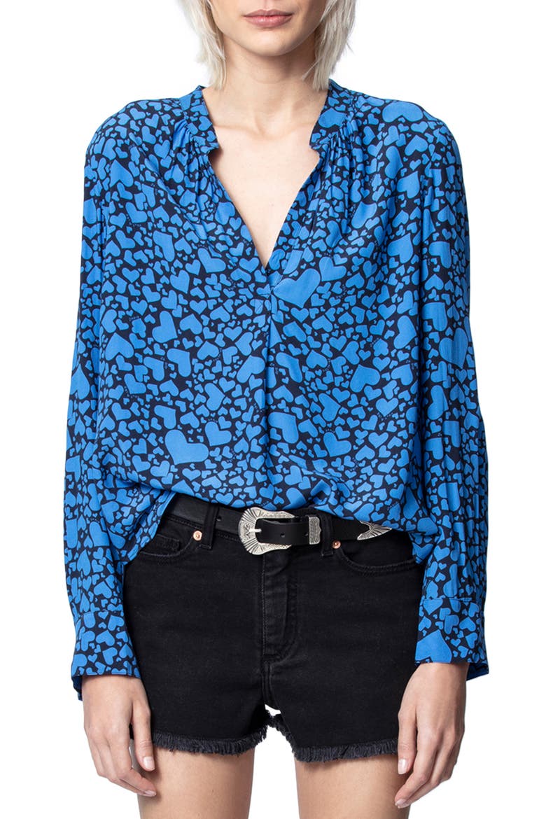 Tink Heart Print Long Sleeve Blouse, Main, color, BLEUET