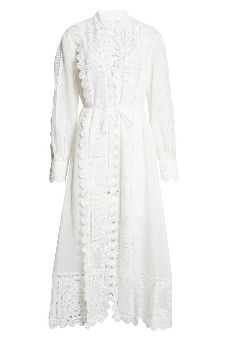 Aster Embroidered Lace Trim Long Sleeve Midi Dress, Alternate, color, IVORY