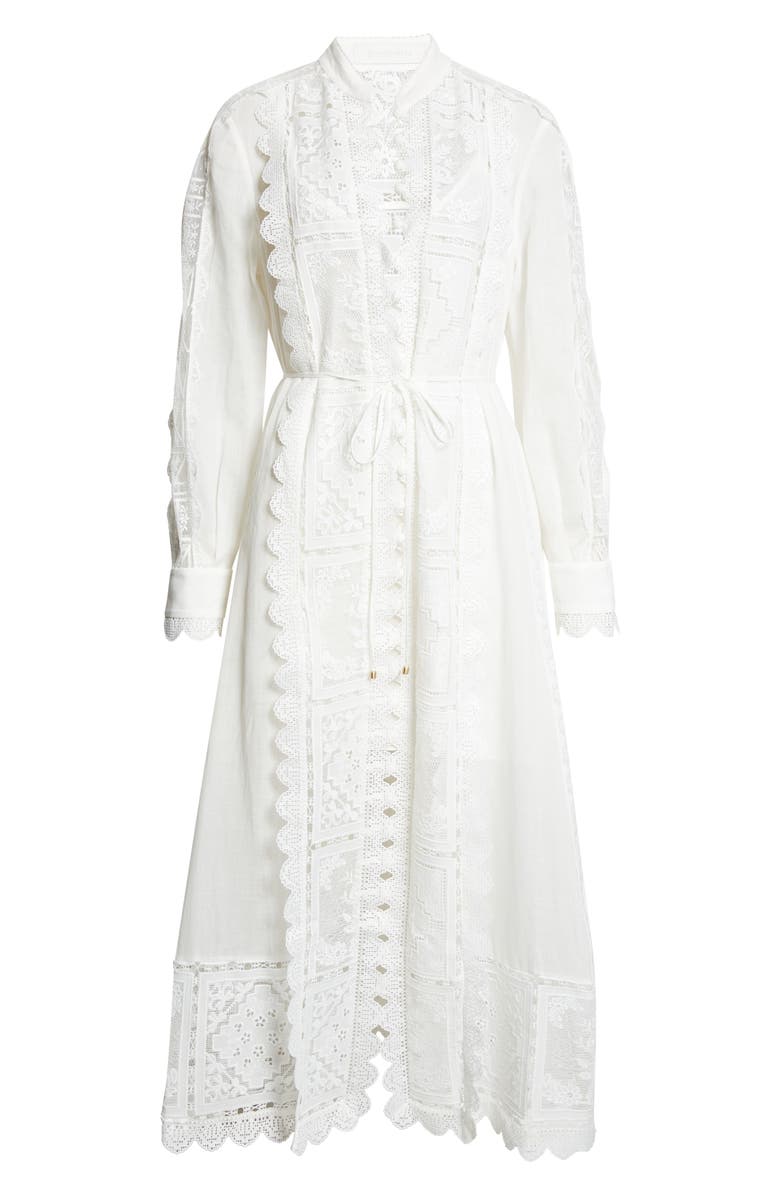 Zimmermann Aster Embroidered Lace Trim Long Sleeve Midi Dress, Main, color, Ivory