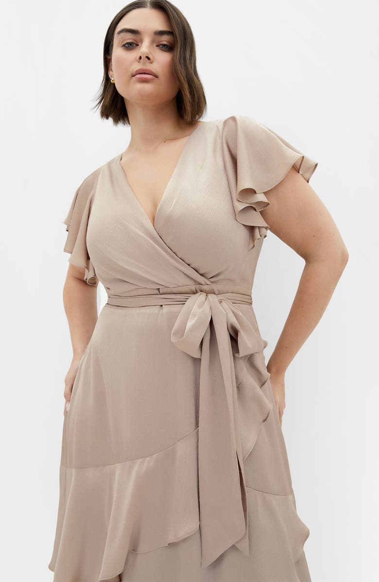 City Chic Jen Ruffle Faux Wrap Satin Dress, Alternate, color, Simply Taupe
