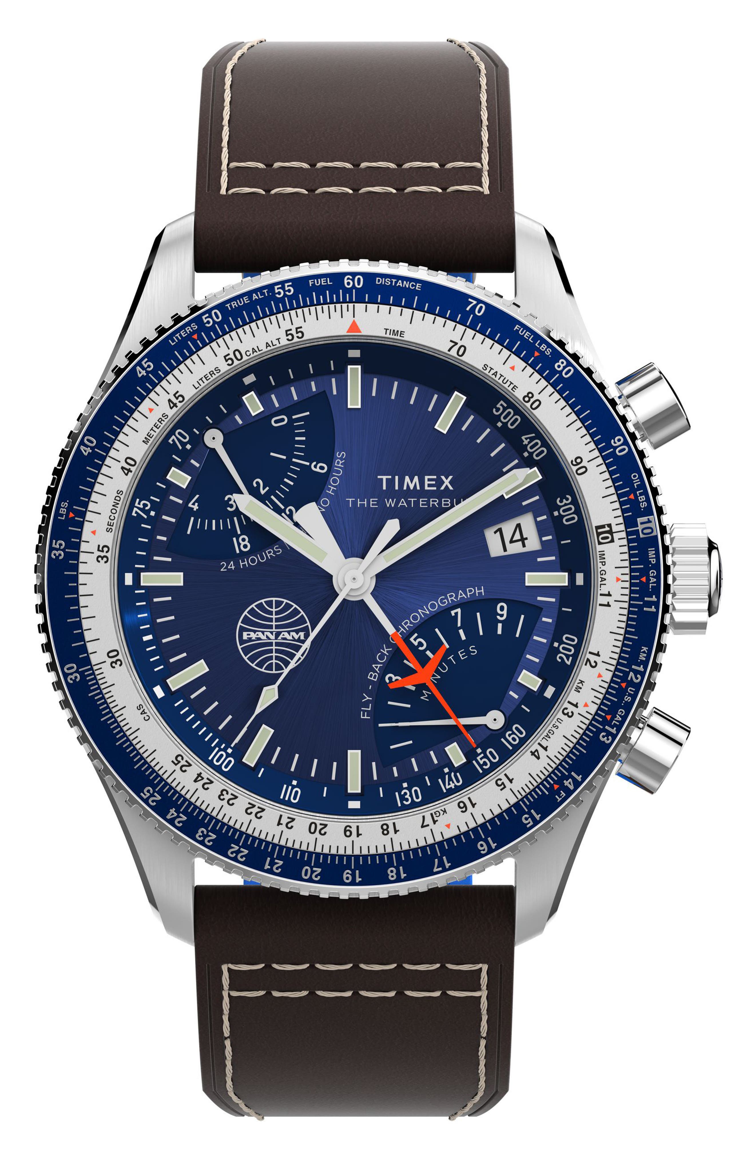 x Pan Am® Waterbury Fly Back Chronograph Leather Strap Watch, 43mm (Men ...