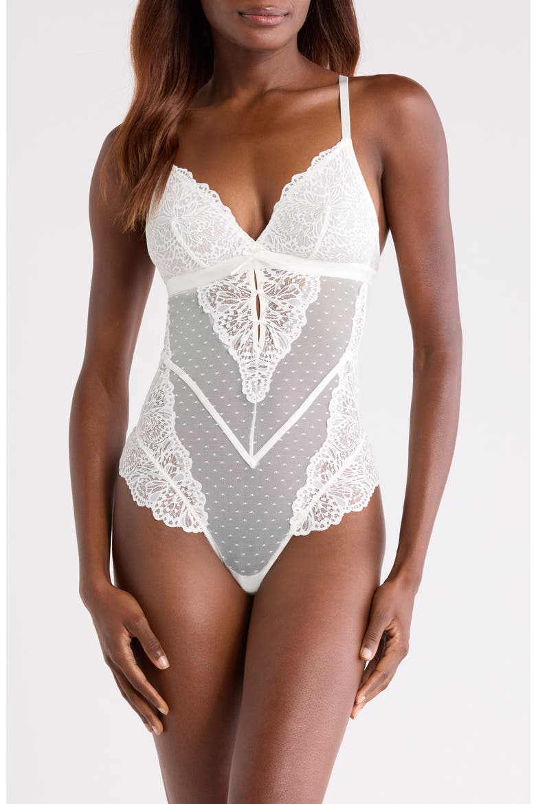 Posie Mesh & Lace Bodysuit, Main, color, SNOW WHITE