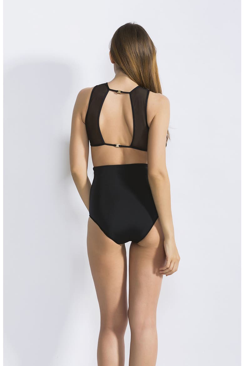 Textured Shimmer-Front High-Neck Bikini Set, Alternate, color, Black