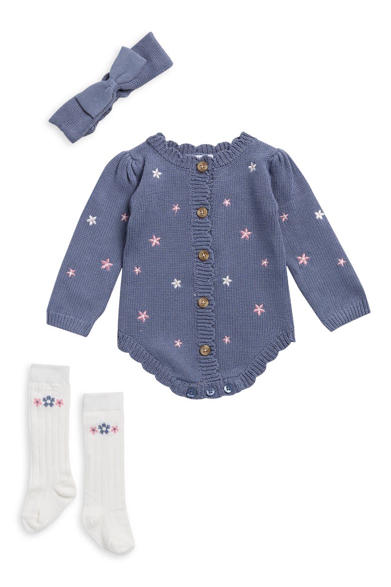 Scallop Edge Sweater Knit Romper, Headband & Socks Set, Main, color, FOLKSTONE GRAY