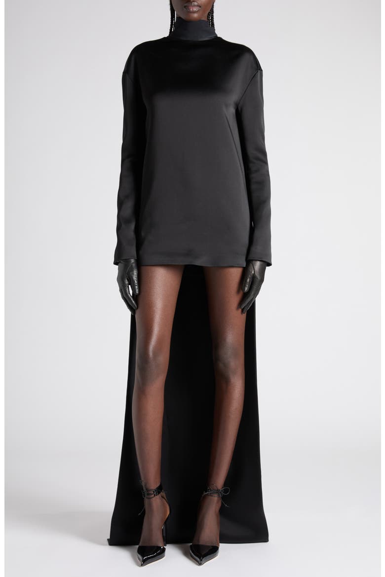 Long Sleeve Satin Cocktail Dress with Train, Alternate, color, BLACK