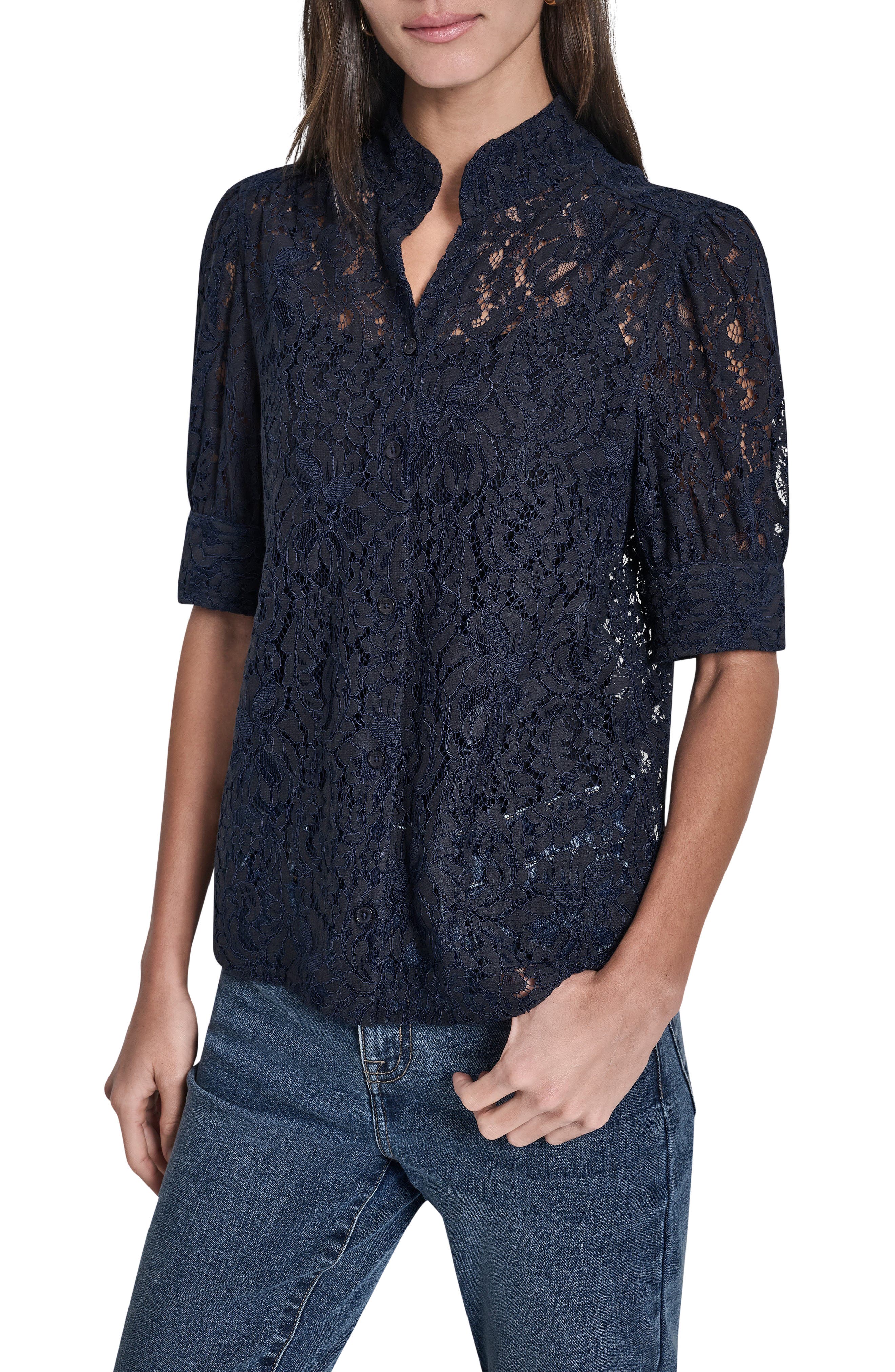 DKNY Jeans Puff Sleeve Lace Button Front Shirt