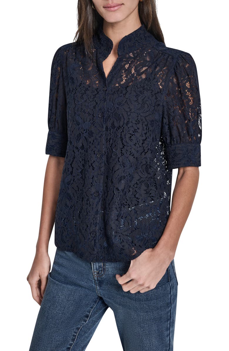 DKNY Jeans Puff Sleeve Lace Button Front Shirt, Main, color, Peacoat