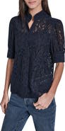 DKNY Jeans Puff Sleeve Lace Button Front Shirt
