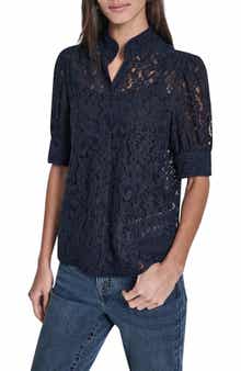 DKNY Jeans Puff Sleeve Lace Button Front Shirt