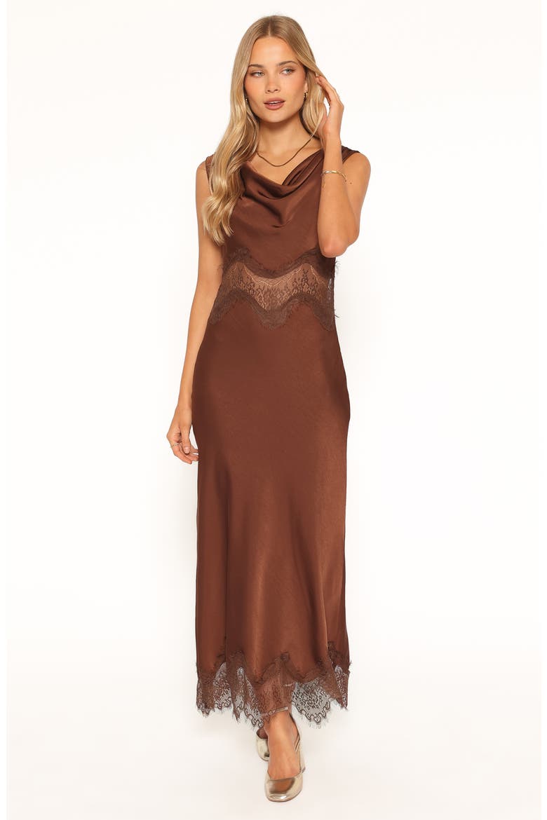 Belmont Lace Trim Satin Midi Dress, Alternate, color, BROWN