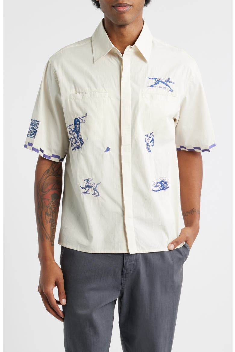 Live Life with Ease Embroidered Short Sleeve Poplin Button-Up Shirt, Main, color, BIRCH