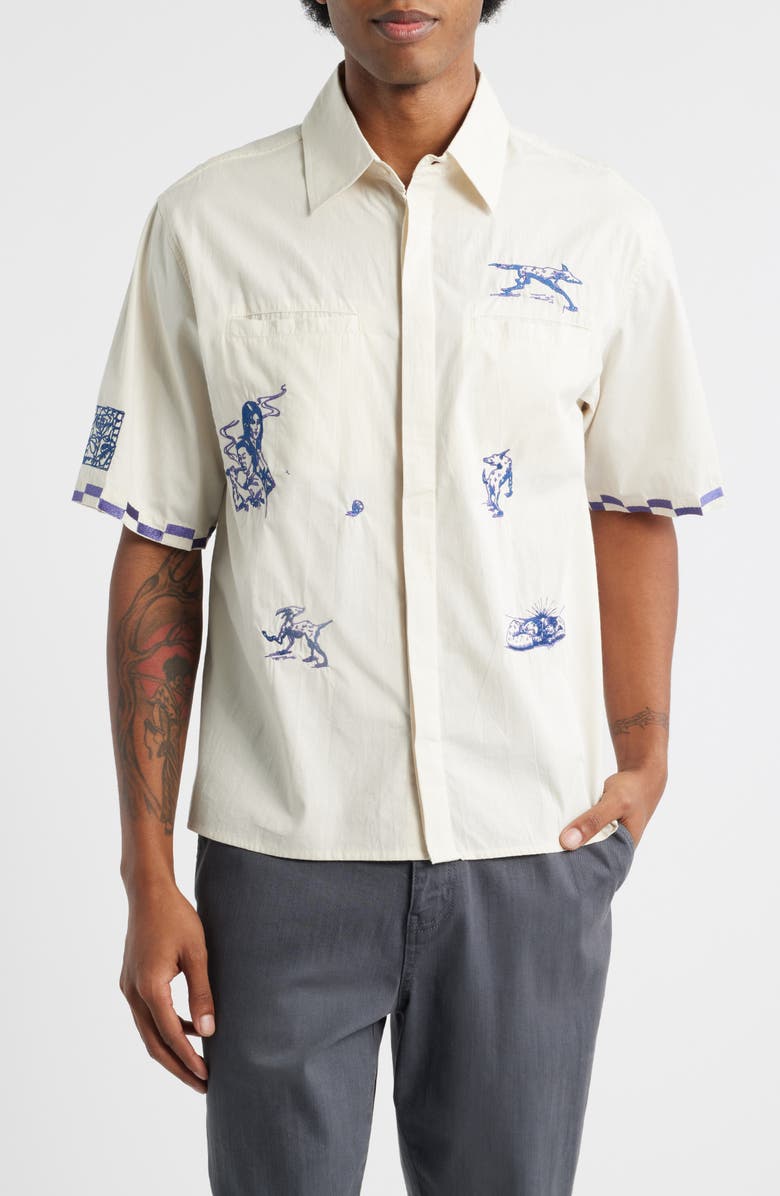 JUNGLES Live Life with Ease Embroidered Short Sleeve Poplin Button-Up Shirt, Main, color, Birch