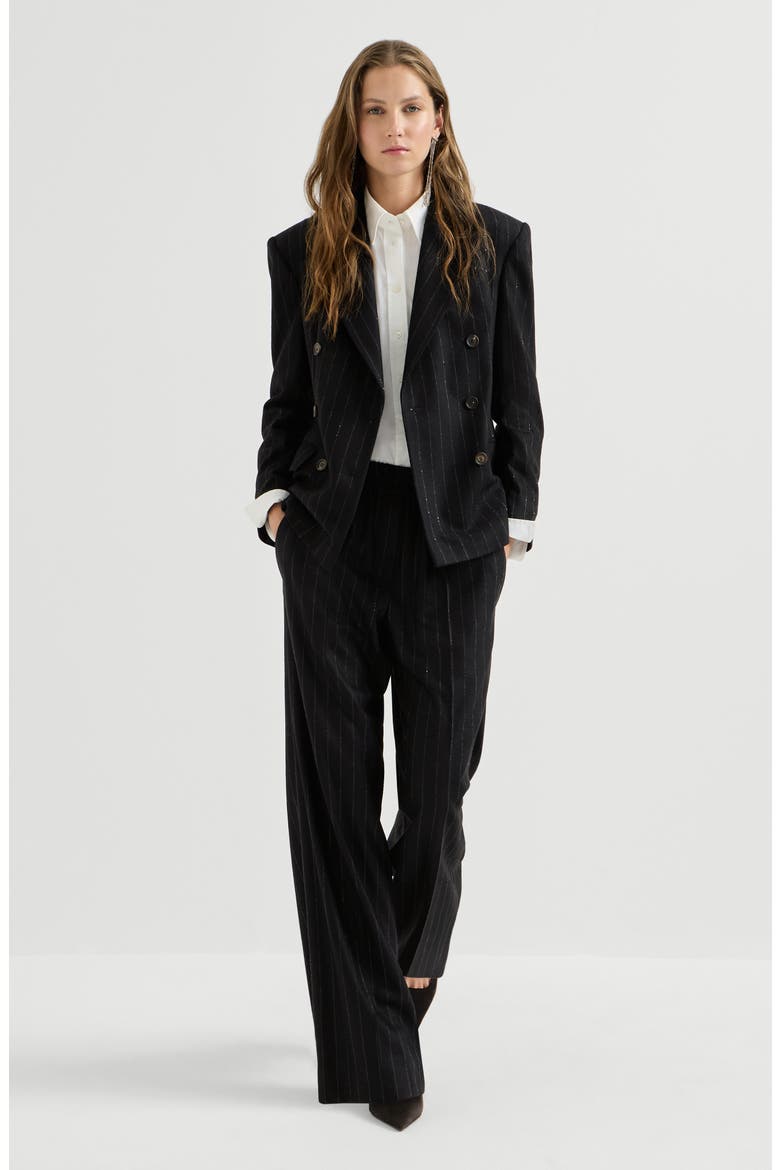 Comfort virgin wool dazzling chalk stripe loose track trousers, Alternate, color, Blue