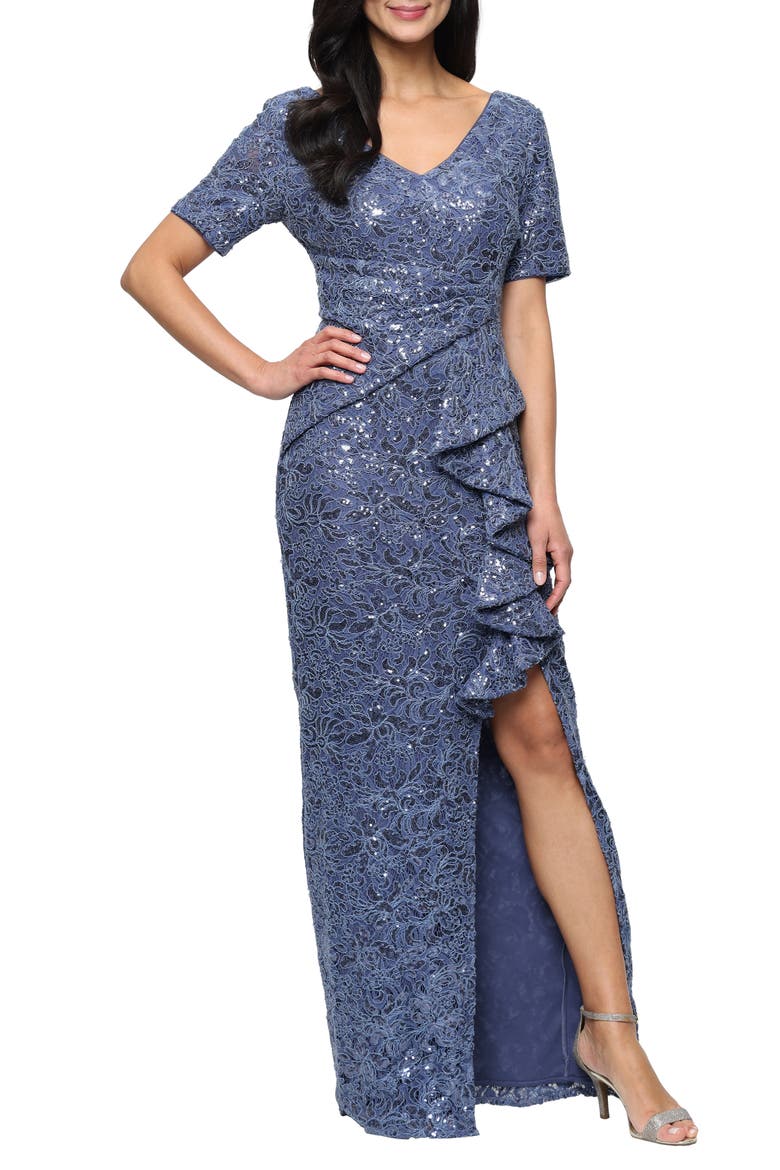 Sequined Lace Gown, Main, color, WEDGEWOOD