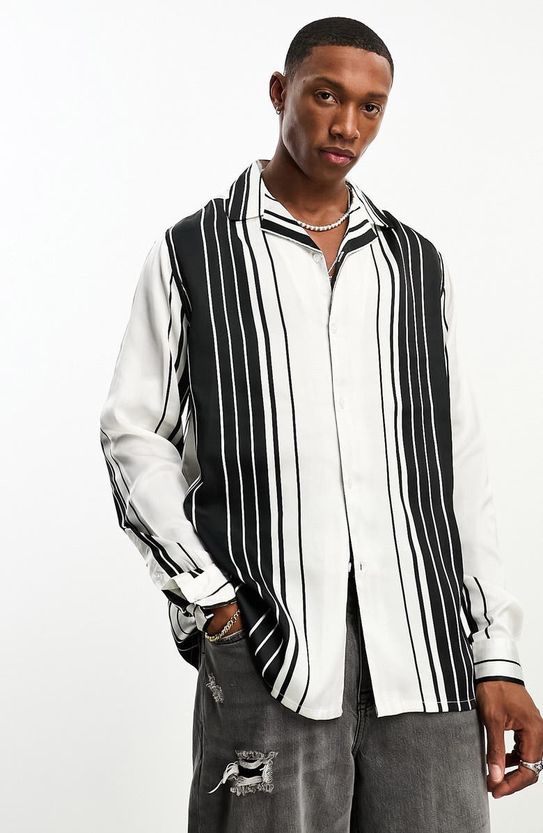 ASOS DESIGN Relaxed Fit Stripe Satin Bowling Shirt, Main, color,