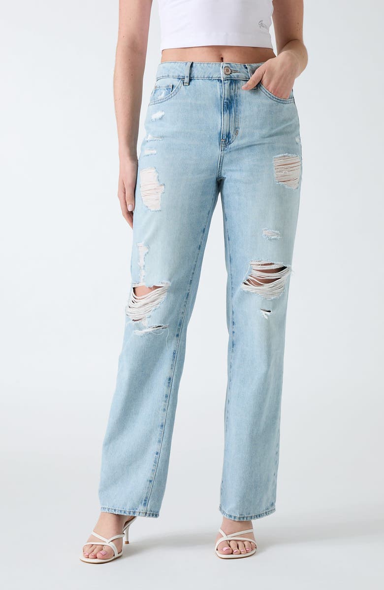 GUESS Distressed High Waist Straight Leg Jeans, Main, color, Blue
