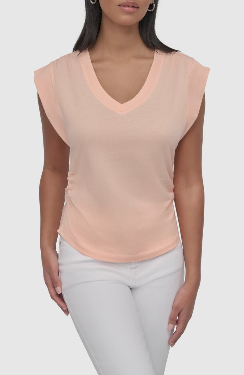 DKNY Jeans V-Neck Ruched Shoulder Top, Main, color, Tropical Peach