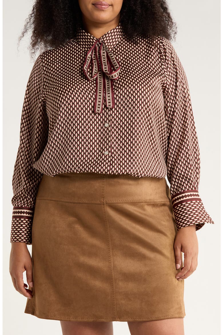 Tie Neck Satin Button-Up Shirt, Main, color, BROWN/ BEIGE DOTTIE STRIPES