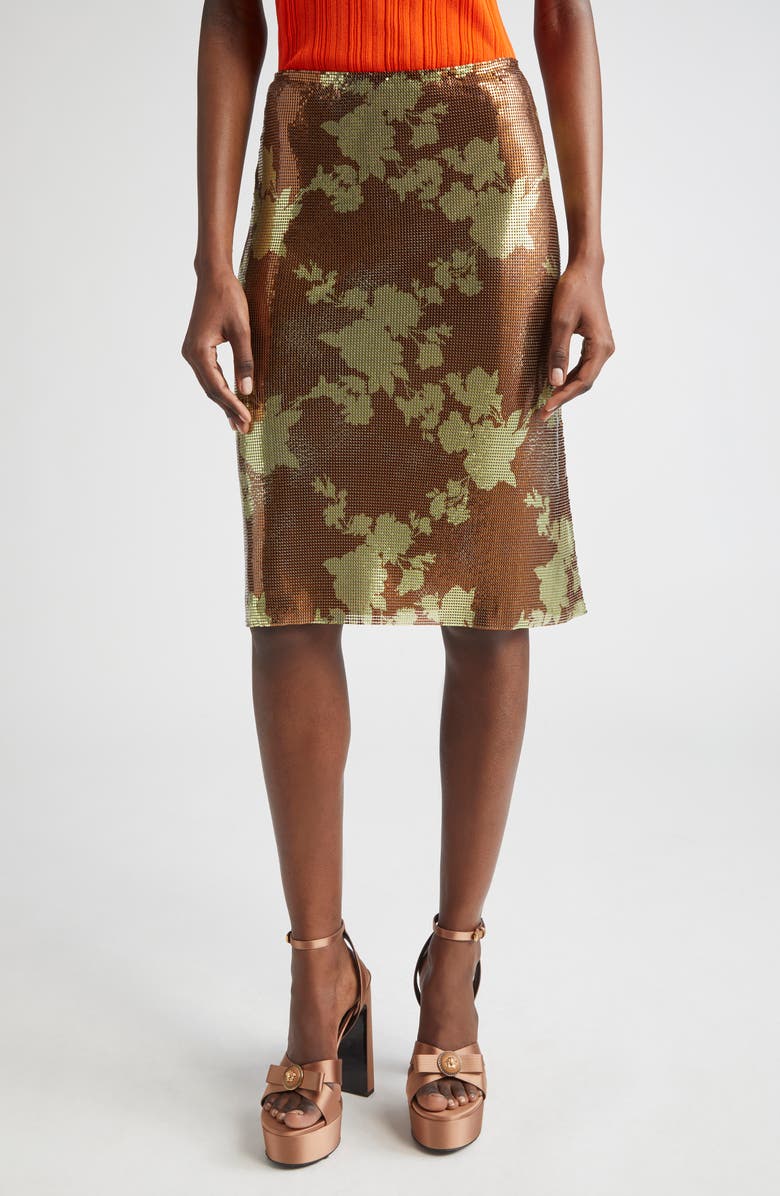 Versace Wild Roses Metallic Mesh Midi Skirt, Main, color, 