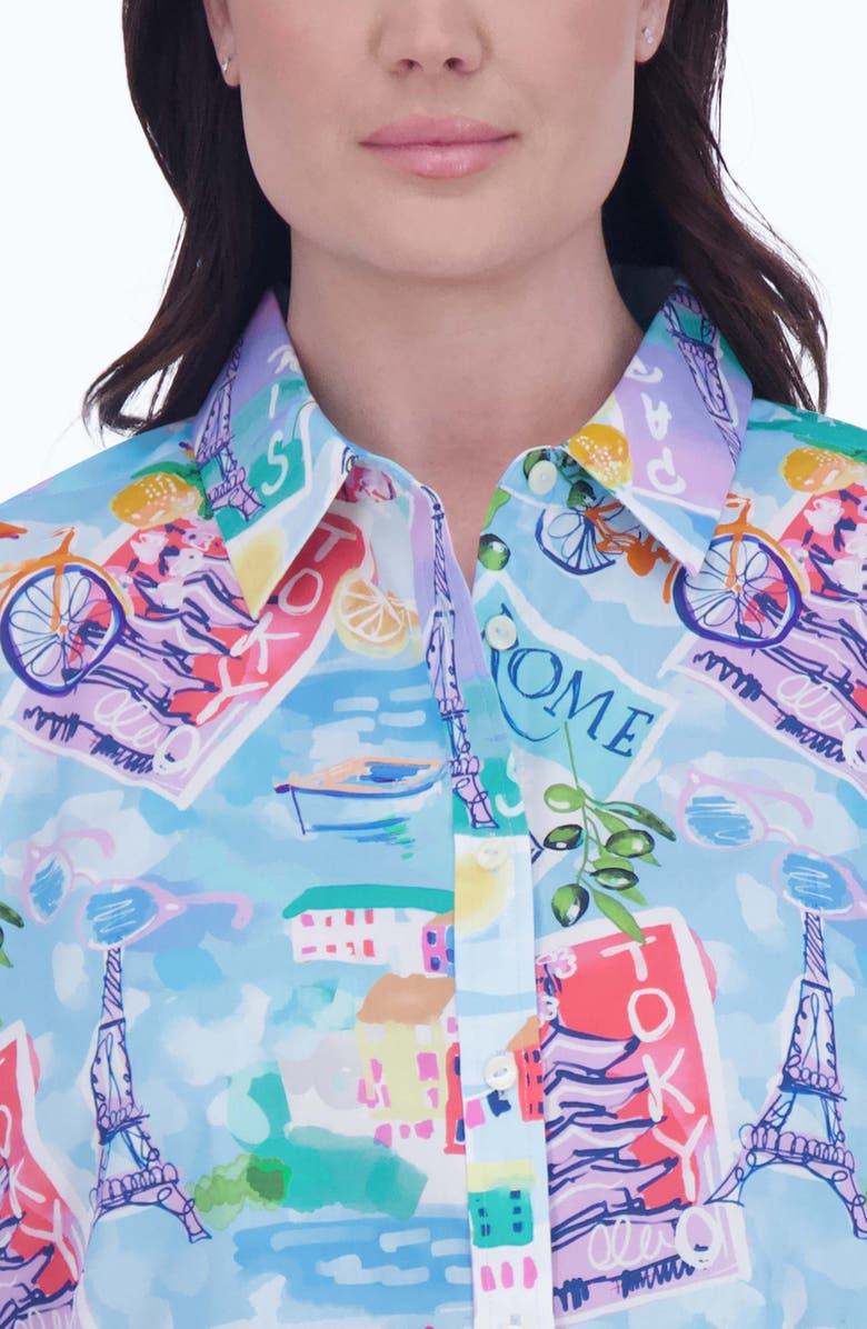 Foxcroft Meghan Travel Print Cotton Button-Up Shirt, Alternate, color, Blue Multi