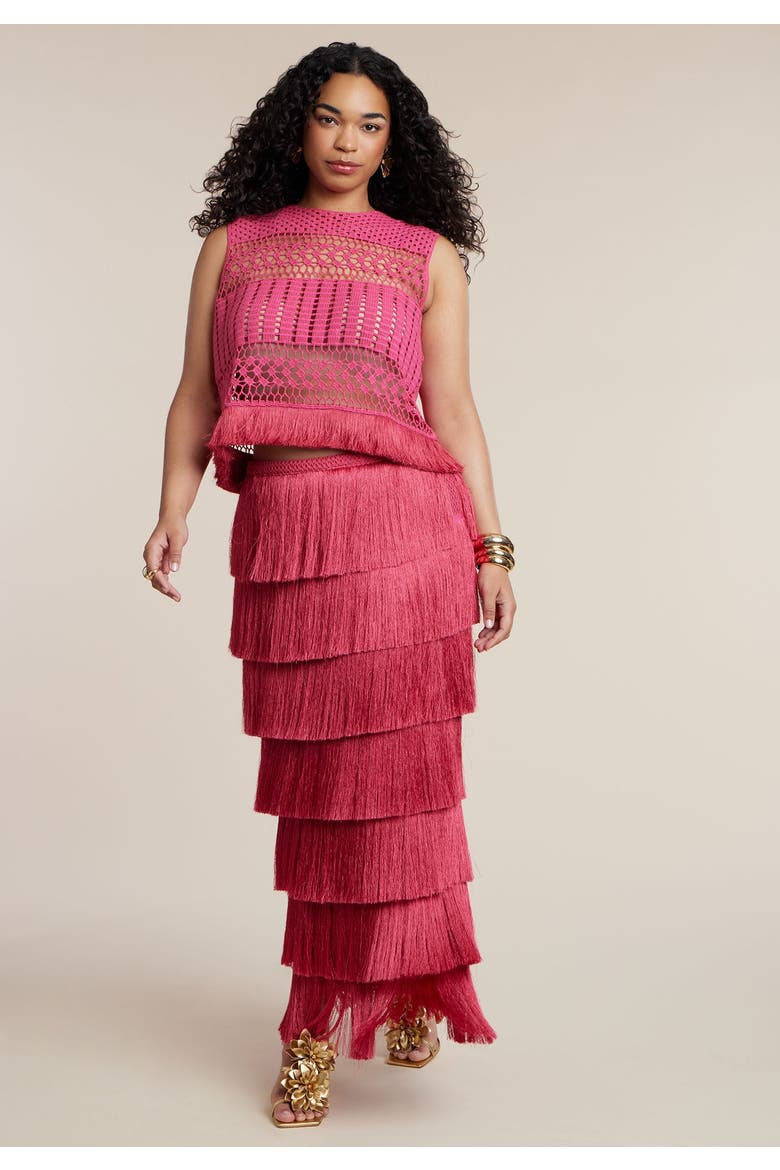 Patbo X Eloquii Fringe Detail Crochet Top, Alternate, color, BRIGHT ROSE