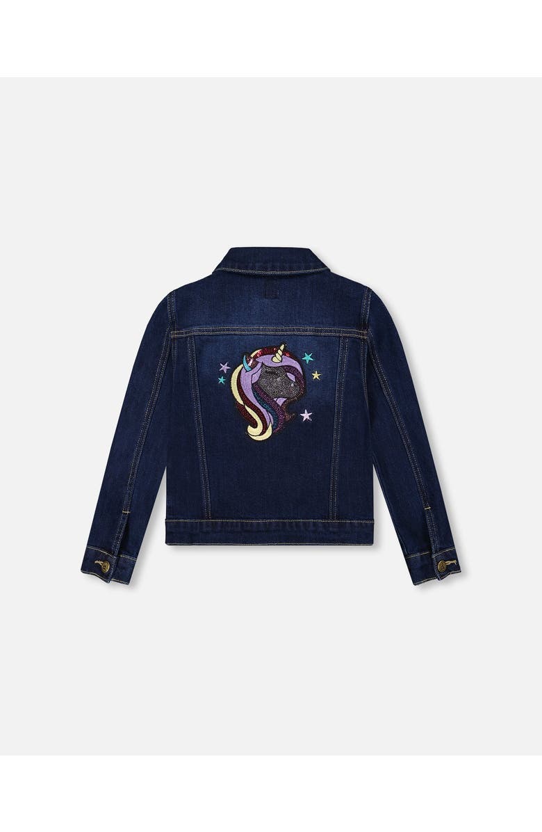 Deux par Deux Stretch Denim Jacket with Glittery Hearts and Unicorn, Alternate, color, Blue Denim
