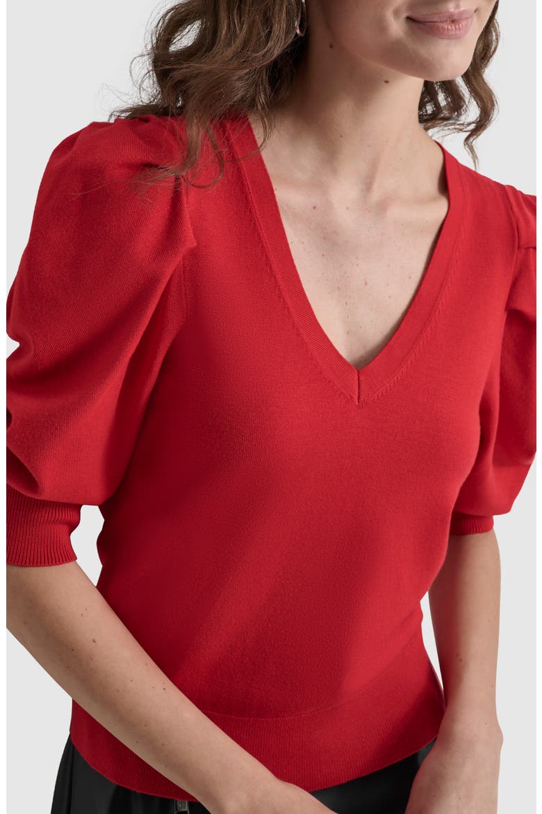 Puff Sleeve V-Neck Sweater, Alternate, color, RED LIGHT