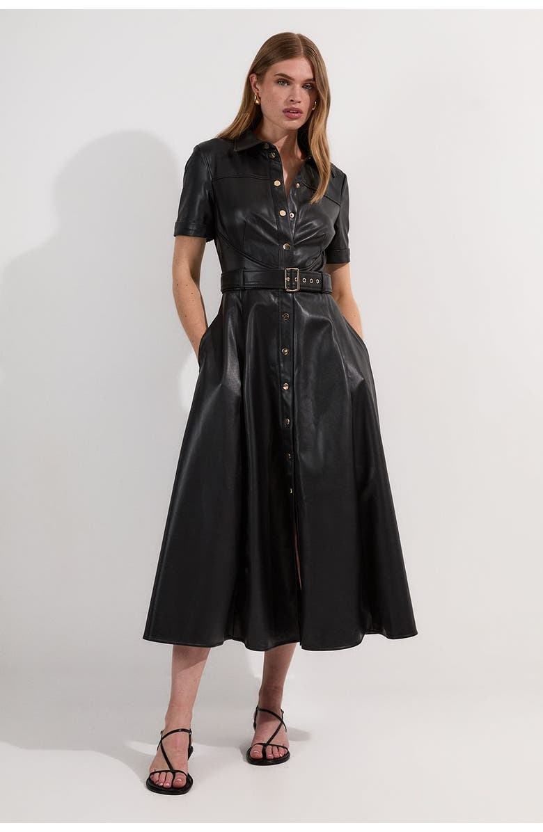 Karen Millen Faux Leather Belted Midi Shirt Dress, Main, color, Black