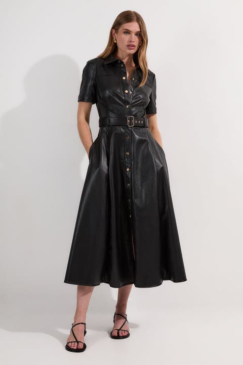 Faux Leather Belted Midi Shirt Dress