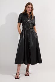 Karen Millen Faux Leather Belted Midi Shirt Dress