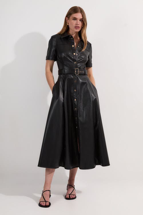 Karen Millen Faux Leather Belted Midi Shirt Dress In Black