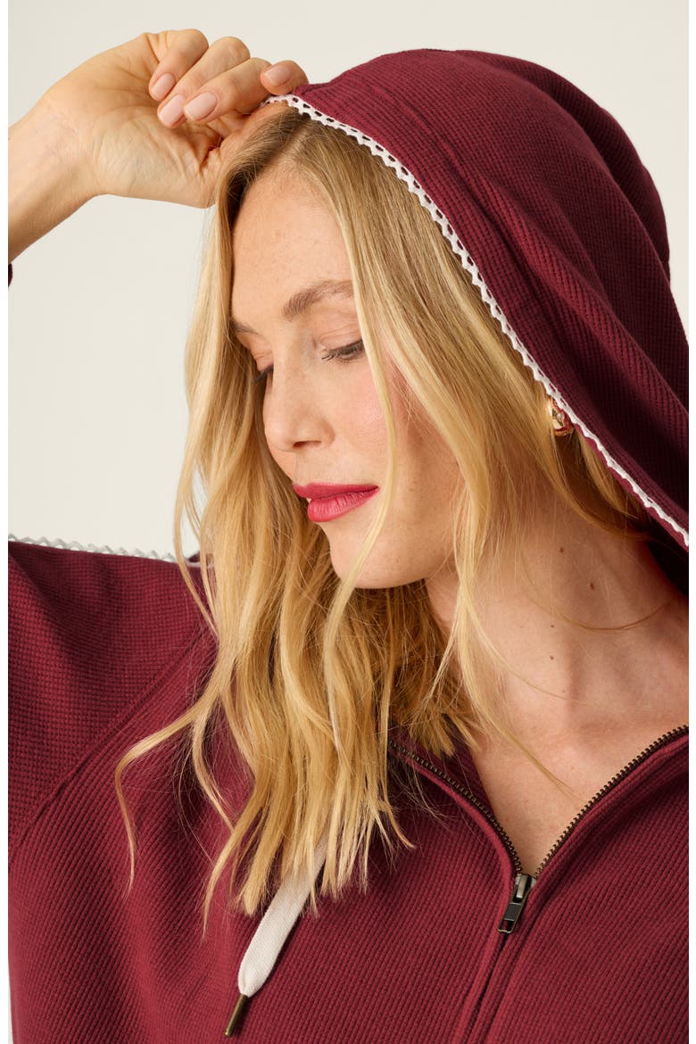Waffle Knit Full Zip Hoodie, Alternate, color, DARK WINE