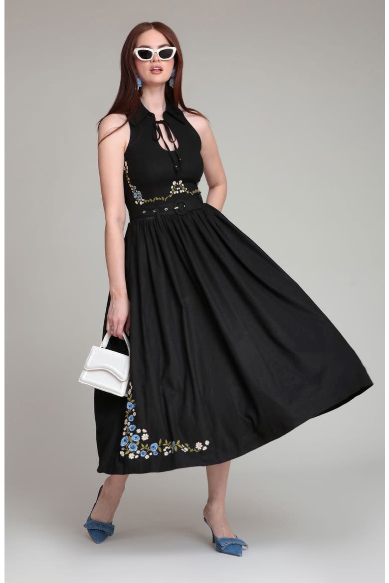 Placed Floral Embroidery DRess, Alternate, color, BLACK
