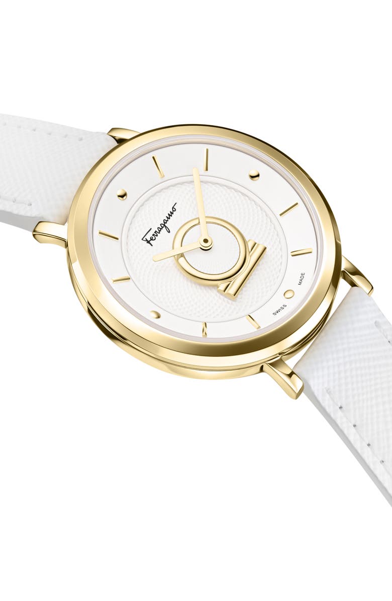 FERRAGAMO Minuetto Leather Strap Watch, 36mm, Alternate, color, Yellow Gold/White