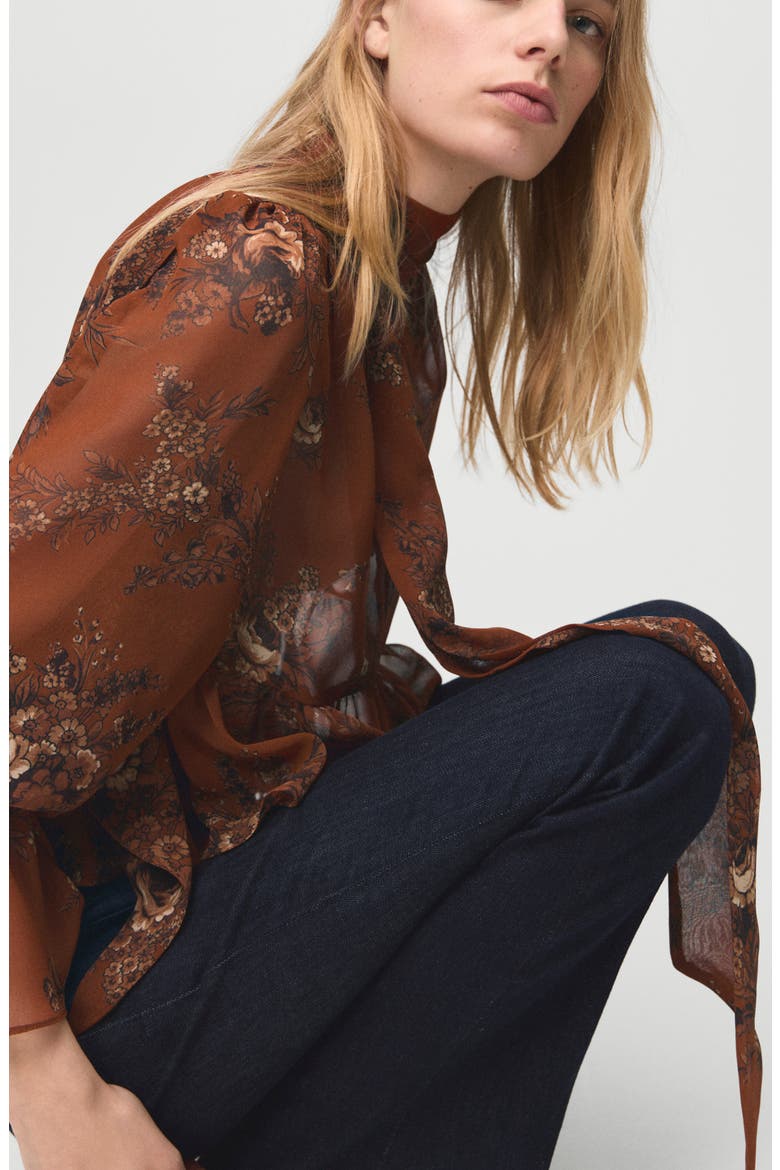Floral Print Tie Neck Top, Alternate, color, RUSSET