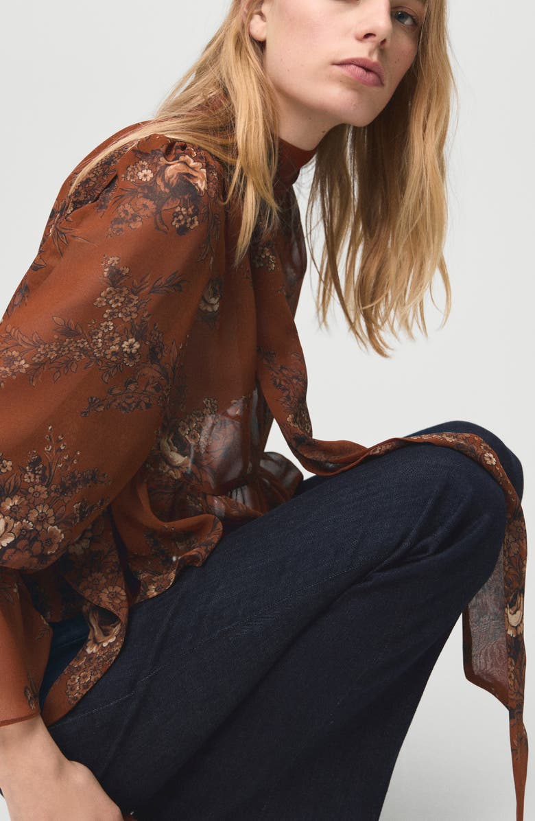 MANGO Floral Print Tie Neck Top, Alternate, color, Russet