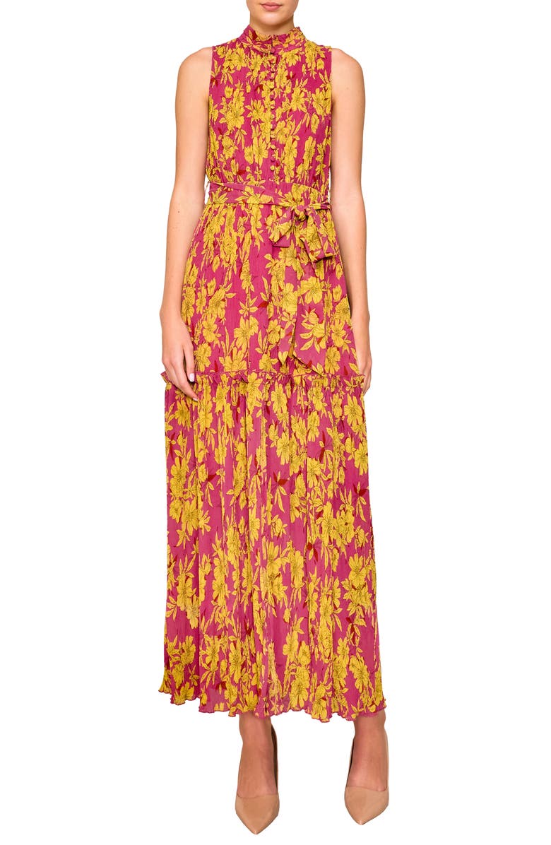 MELLODAY Floral Plissé Maxi Dress, Main, color, Magenta Gold Print
